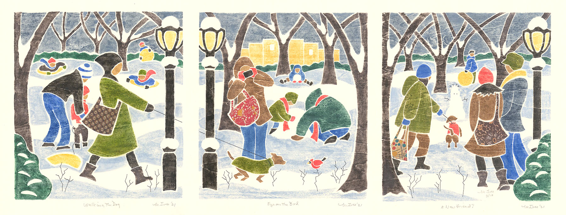 [Triptych]  Walking the Dog.  Eye on the Bird.  A New Friend?