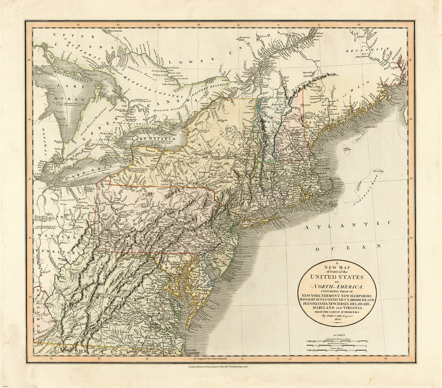 A New Map of Part of the United States of North America, Containing Those of New York, Vermont, New Hampshire, Massachusets, Connecticut, Rhode Island, Pennsylvania, New Jersey, Delaware, Maryland and Virginia.