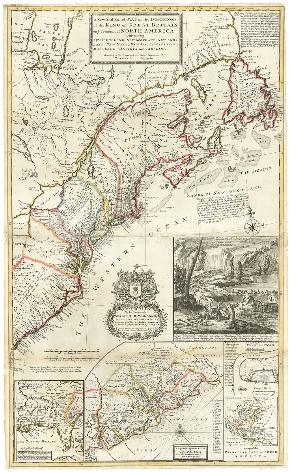 A New and Exact Map of the Dominions of the King of Great Britain on ye Continent of North America, Containing Newfoundland, New Scotland, New England, New York, New Jersey, Pensilvania, Maryland, Virginia and Carolina.