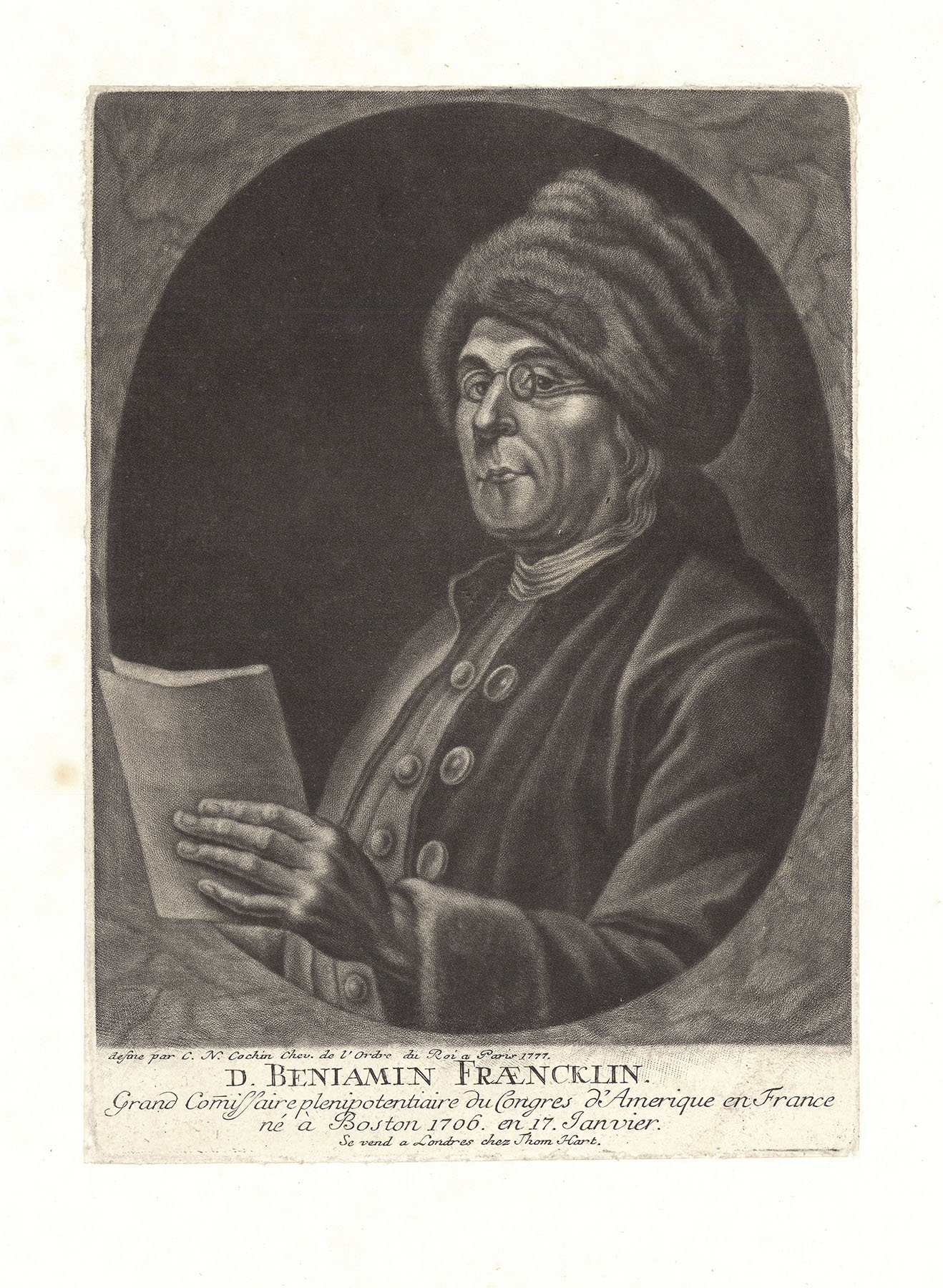 D. Benjamin Fraencklin. Grand Comissaire plenipotentiaire du Congress d'Amerique en France ne a Boston. 1706 en 17. Janvier.