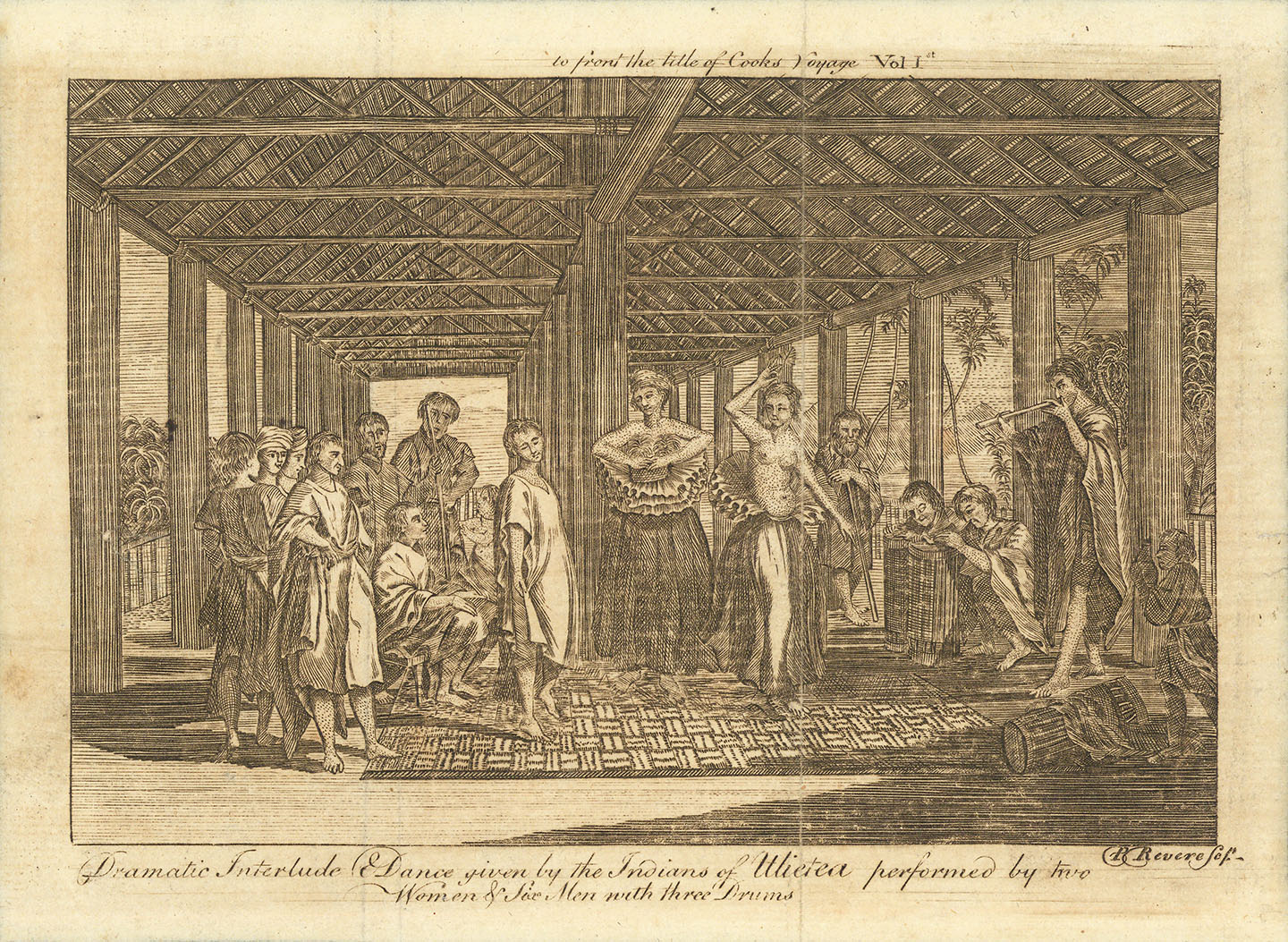 Dramatic Interlude & Dance given by the Indians of Ulietea performed by two Women & Six Men with three Drums.