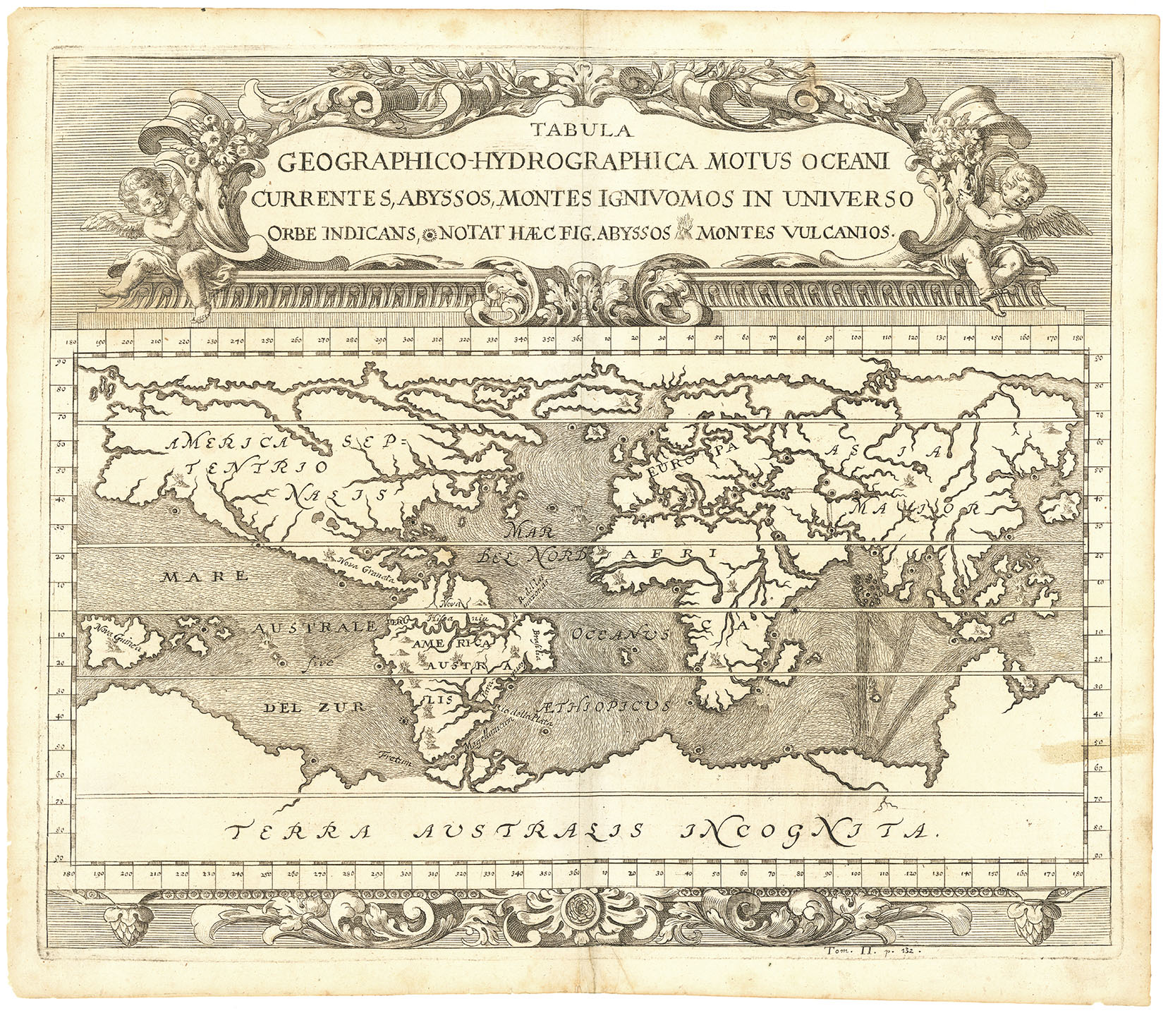 Tabula Geographico-Hydrographica Motus Oceani Currentes, Abyssos, Montes Ignivomos in Universo Orbe Indicans, [symbol] Notat Haec Fig. Abyssos [symbol] Montes Vulcanios.