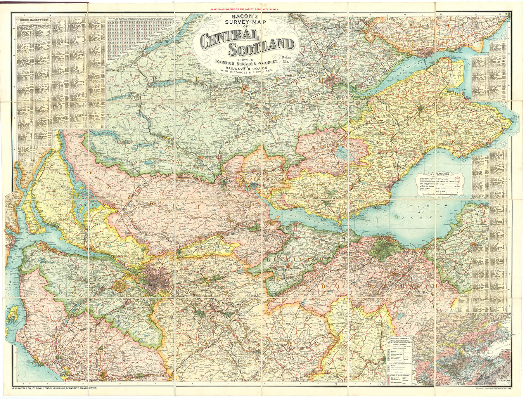 Bacon's Survey Map of Central Scotland showing Counties, Burghs & Parishes also Railways & Roads. with distances and elevations.