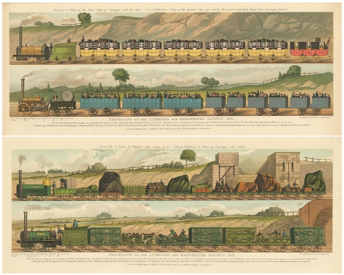 Travelling on the Liverpool and Manchester Railway. 1831. (plates 1 & 2,on one sheet, plates 3 & 4 on another).