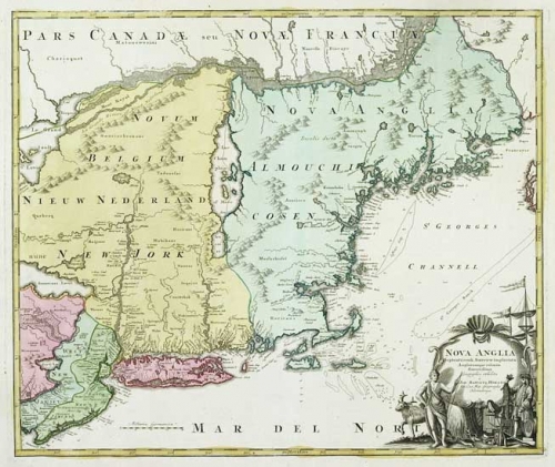 Nova Anglia Septentrionali Americae implantata Anglorumque coloniis florentissima.