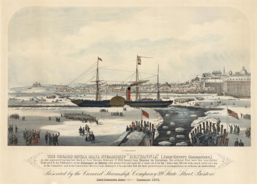 The Cunard Royal Mail Steamship Britannia (John Hewitt, Commander). As she appeared leaving her dock at East Boston February 3d. 1844 bound from Boston to Liverpool.