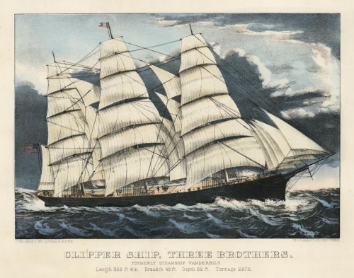 Clipper Ship, Three Brothers.  Formerly Steamship Vanderbilt.  Length 328 ft. 6in.  Breadth 48ft.  Depth 32 ft.  Tonnage 2972.