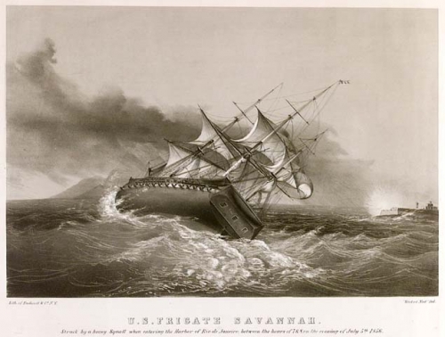 U. S. Frigate Savannah.  Struck by a heavy Squall when entering the Harbor of Rio de Janeiro, between the hours of 7 & 8, on the evening of July 5th 1856.
