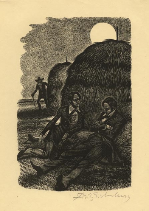 Fathers and Sons.  (Two young men resting on a hay stack).
