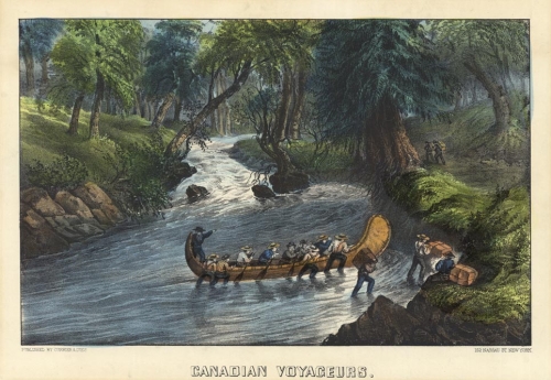 Canadian Voyageurs. :  Walking a Canoe up a Rapid.