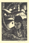 Untitled.  Women in foreground with her hand resting on a ledge,  a Southern European hill town behind her.
