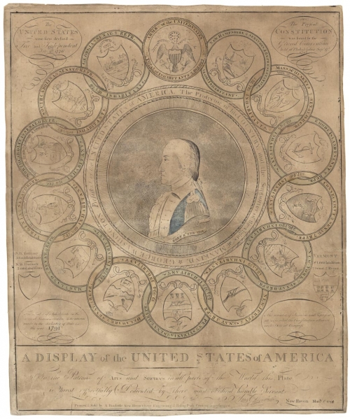 A Display of the United States of America. To the Patrons of Arts and Sciences, in all parts of the World, this Plate is most respectfully Dedicated, by their most Obedient Humble Servant, Amos Doolittle, New Haven Mar.h 1st 1798.
