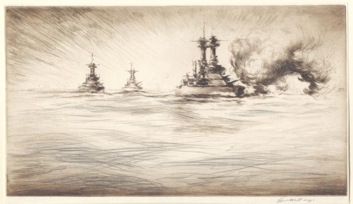 Scene of Three, World War One Battleships with one of them firing its cannons. Untitled.