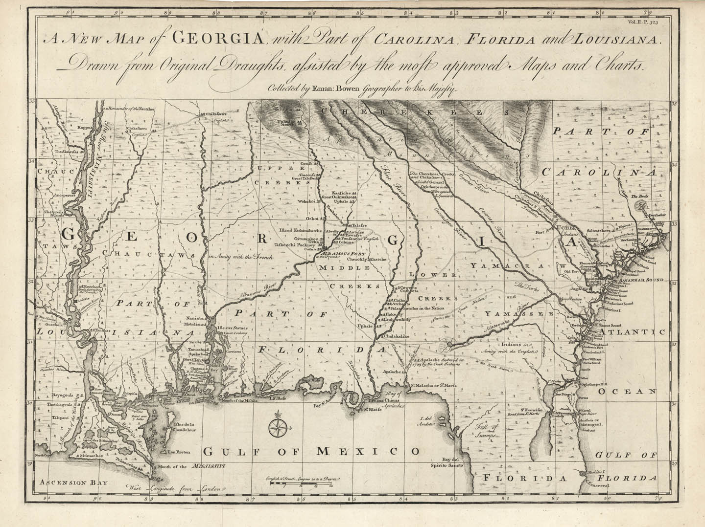A New Map of Georgia, with Part of Carolina, Florida and Louisiana. Drawn from Original Draughts, assisted by the most approved Maps and Charts Collected by Eman: Bowen. Geographer to his Majesty.