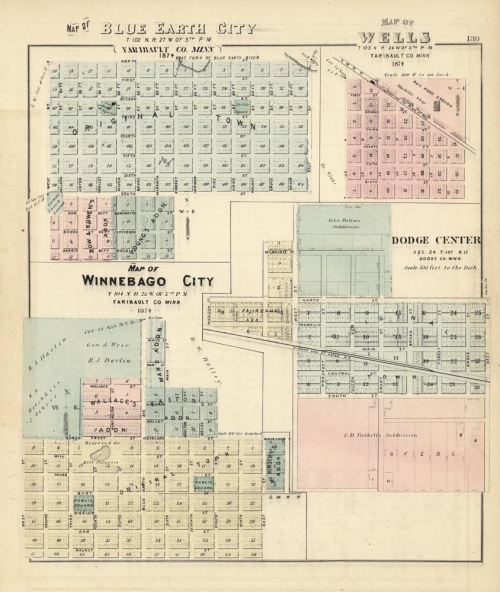 Map of Blue Earth City, Faribault Co. Minn. [and] Map of Wells, Faribault Co. Minn. [and] Map of Winnebago City, Faribault Co. Minn. [and] Dodge Center, Dodge Co. Minn.