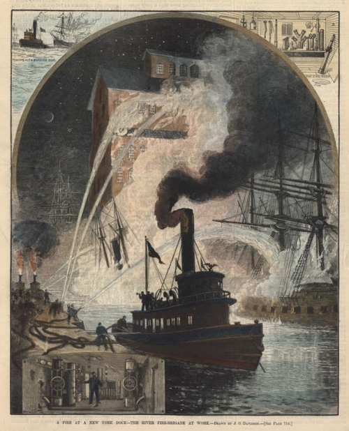 Fire at a New York Dock - The River Fire-Brigade at Work. A,