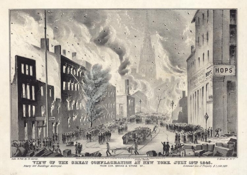 View of the Great Conflagration at New York July 19th 1845. : From Cor. Broad & Stone Sts.