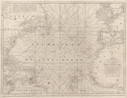 New and Accurate Chart of the vast Atlantic or Western Ocean, including the Sea Coast of Europe and Africa on the East, and the opposite Coast of the Continent of America, & the West India Islands..... A,