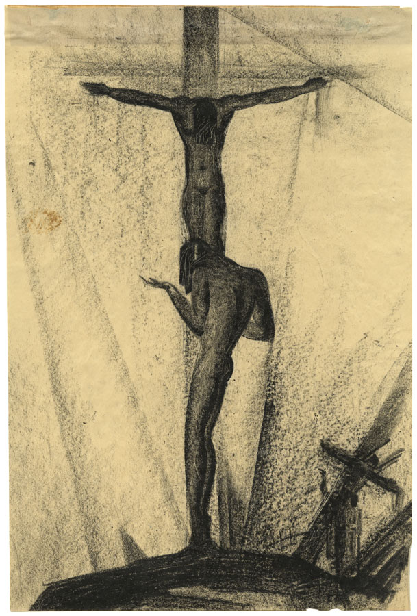 Figure in front of a Crucifixion. (untitled drawing).