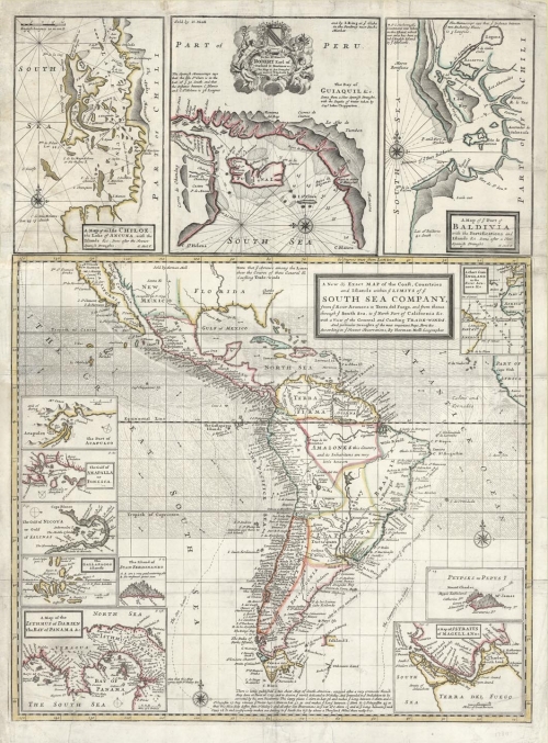 New & Exact Map of the Coast, Countries and Islands within ye Limits of ye South Sea Company, from ye River Aranoca to Terra del Fuego, and from thence through ye South Sea, to ye North Part of California &c.. A,