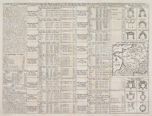 Carte du Gouvernement Eclesiastique de France Divise en ses Archeveschez, Eveschez, Archidiaconnez, Archipretrez, Doyennez, et Parroisses.