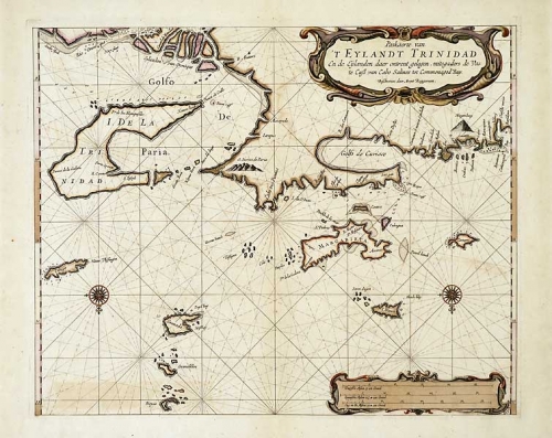 Paskaerte van 'T Eylandt Trinidad En de Eylanden daer ontrent gelegen, mitsgaders de Caste Cust van Cabo Salines tot Commonagod Bay.