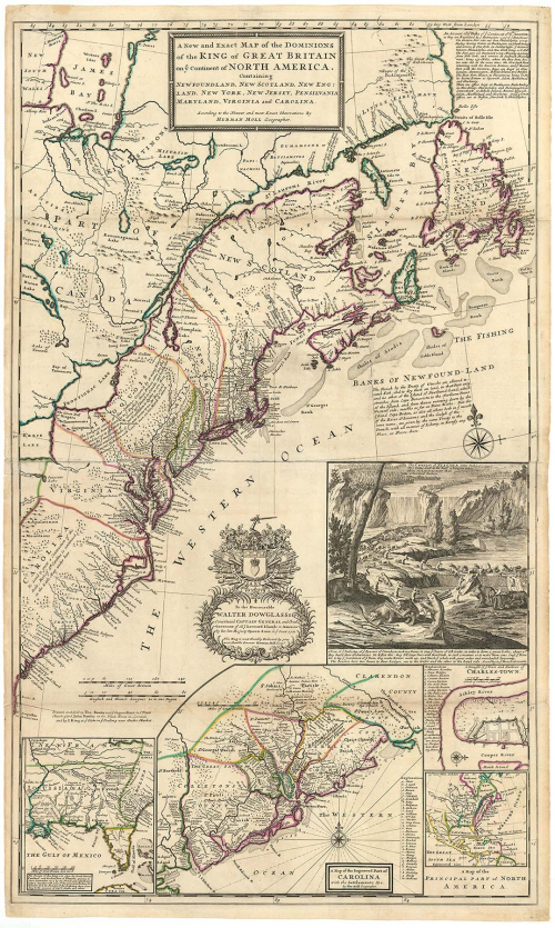 A New and Exact Map of the Dominions of the King of Great Britain on ye Continent of North America, Containing Newfoundland, New Scotland, New England, New York, New Jersey, Pensilvania, Maryland, Virginia and Carolina.