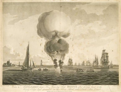 EXPLOSION from His Majesty's Ship BOYNE after having burnt to the Waters Wdge, and grounded on the Horse Shoal near, South Sea Castle.  [Plate 2].