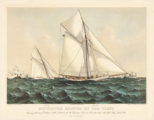 Mayflower Saluted by the Fleet. : Crossing the bow of "Galatea" in their first race for the "America Cup" over the inside course New York Bay, Sept. 7th, 1886. : [Won by Mayflower.]