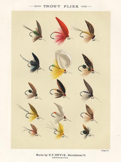 Trout Flies. Plate U. Stebbins, Scarlet Ibis, Shain Fly, Silver Horns, Sunset, Shad Fly, Wilson's Ant, Wasp, Widow, Yellow Drake, etc.