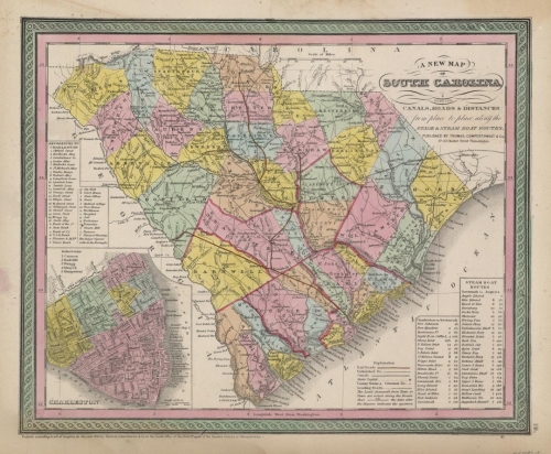 New Map of South Carolina with its Canals, Roads and Distances from place to place along the Stage & Steam Boat Routes. A,