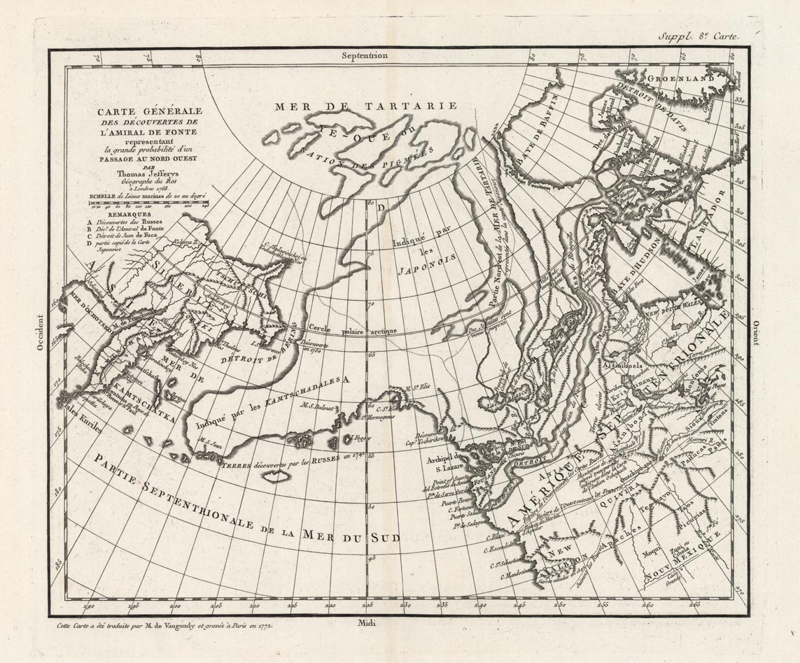 Carte Generale des Decouvertes de l'Amiral de Fonte representant la grande probabilite d'un Passage au Nord Ouest par Thomas Jefferys.