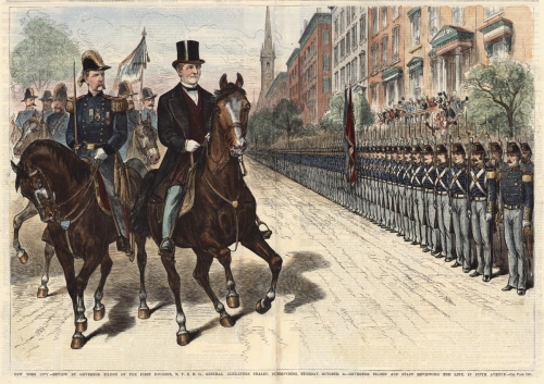 New York City - Review by Governor Tilden of the First Division, N. Y. S. N. G., General Alexander Shaler, Commanding, Tuesday, October 3d - Governor Tilden and Staff Reviewing the Line in Fifth Avenue.