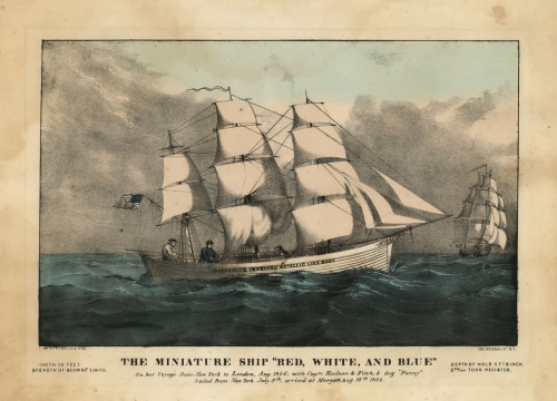 The Miniature Ship "Red, White, and Blue." : On her voyage from New York to London, Aug, 1866; with Capts Hudson & Fitch, & dog "Fanny". : Sailed from New York, July 9th, arrived at Margate Aug 16th 1866. [plus two columns of text].