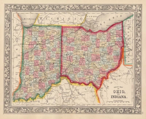 County Map of Ohio and Indiana.