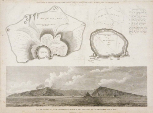 Sketches of the Island of Santo Paulo, commonly called Amsterdam, in the Indian Ocean / View of the Island of Santo Paulo, or Amsterdam, the Conical Rock near the Entrance of the crater bearing West, distant one Mile.