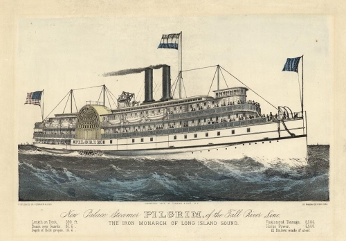 New Palace Steamer Pilgrim, of the Fall River Line. : The Iron Monarch of Long Island Sound.  [plus two columns, three lines each describing the ship and engines].