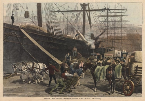 Scene on a New York Dock - Stevedores Unloading a Ship.