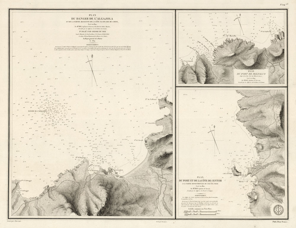 Plan du Danger de l'Algajola [on sheet with] Plan du Port de Malfalco [and] Plan du Port et de la Cote de Centuri. (Corsica)