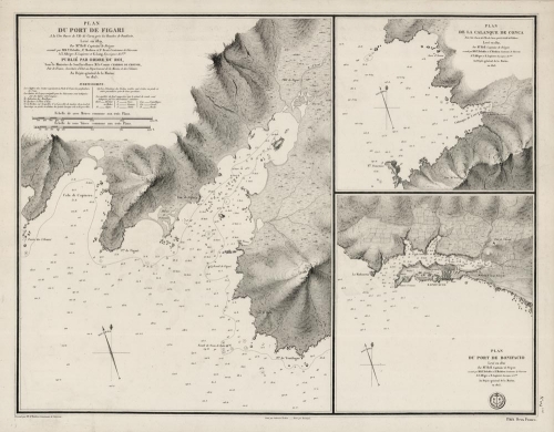 Plan du port de Figari [on sheet with] Plan de la calanque de Conca [and] Plan du port de Bonifacio. (Corsica)