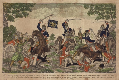 Col. Johnsons mounted men charging a party of British Artillerists and Indians, at the Battle fought near Moravian Town October 2nd. 1813.  When the whole of the British force commanded by Gen. Procter, surrendered to the Army under Gen. Harrison . . . .