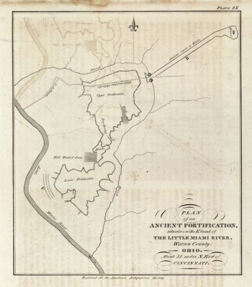 Plan of an Ancient Fortification, situate on the E. bank of the Little Miami River, Warren County: Ohio. About 33 miles N. East of Cincinnati. Plate IX.
