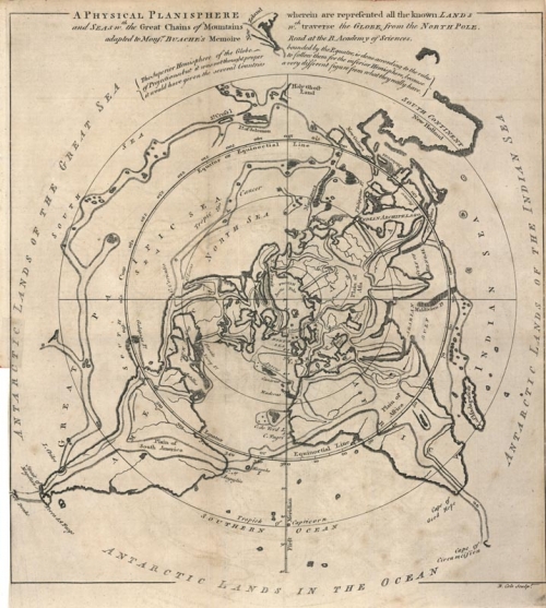 Physical Planisphere wherein are Represented All the Known Lands and Seas wth. the Great Chains of Mountains wch. Traverse the Globe from the North Pole. Adapted to Monsr: Buache's Memoire Read at the R. Academy of Sciences. A,