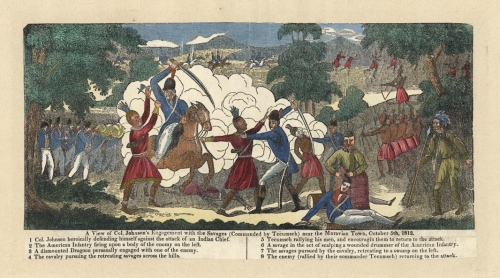 A view of Col. Johnson's engagement with the savages (commanded by Tecumseh) near the Moravian town, October 5th, 1812. [i.e., 1813]