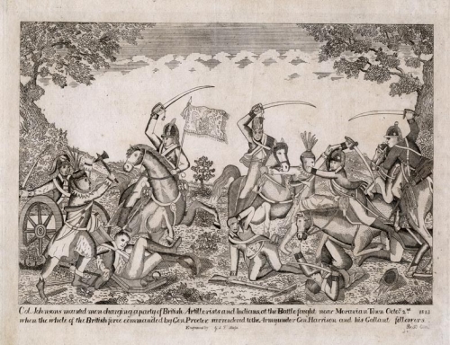 Col. Johnsons mounted men charging a party of British Artillerists and Indians, at the Battle fought near Moravian Town Oct.r 2nd. 1813.  When the whole of the British force commanded by Gen. Procter, surrendered to the Army under Gen. Harrison... .