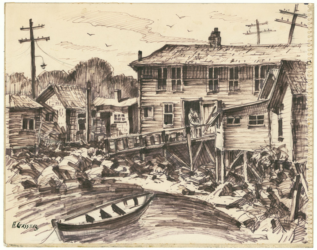 [untitled]. Scene of a boat and buildings on a shoreline.