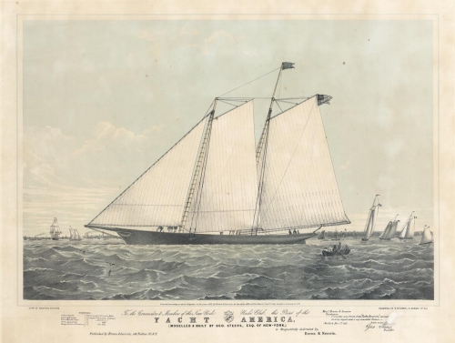 To the Commodore & Members of the New-York Yacht Club, this Print of the YACHT AMERICA (Modelled & Built by Geo. Steers, Esq. Of New-York,) is respectfully dedicated.