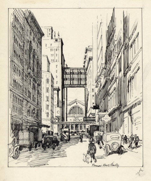 Thirty Second Street.  : from East of Broadway. View towards the Pennsylvania Station and showing Bridge of Gimbels Spanning the Street.