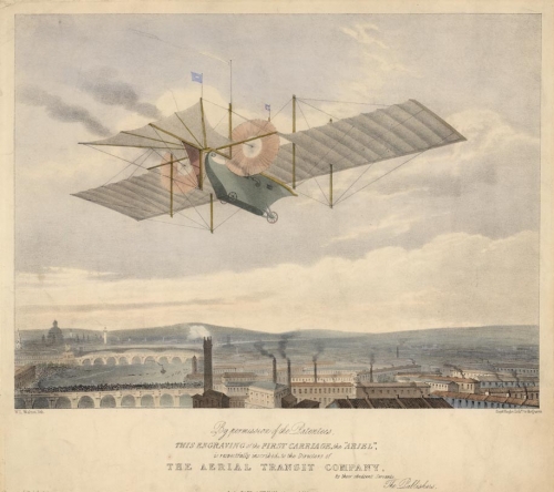 By permission of the patentees this engraving of the First Carriage, the "Ariel," is respectfully inscribed, to the Directors of The Aerial Transit Company, by their obedient Servants The Publishers.