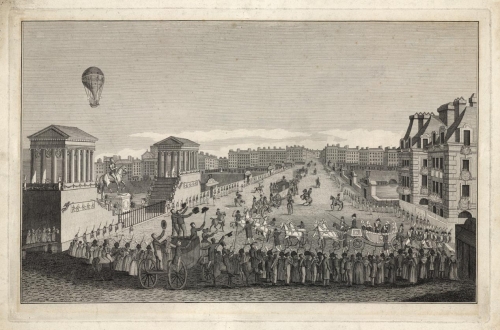 A representation of the ascent of Madame Blanchard at the occasion of the entry of Louis XVIII into Paris on the 3rd of May,1814, as the procession entered the Pont Neuf. [Untitled].